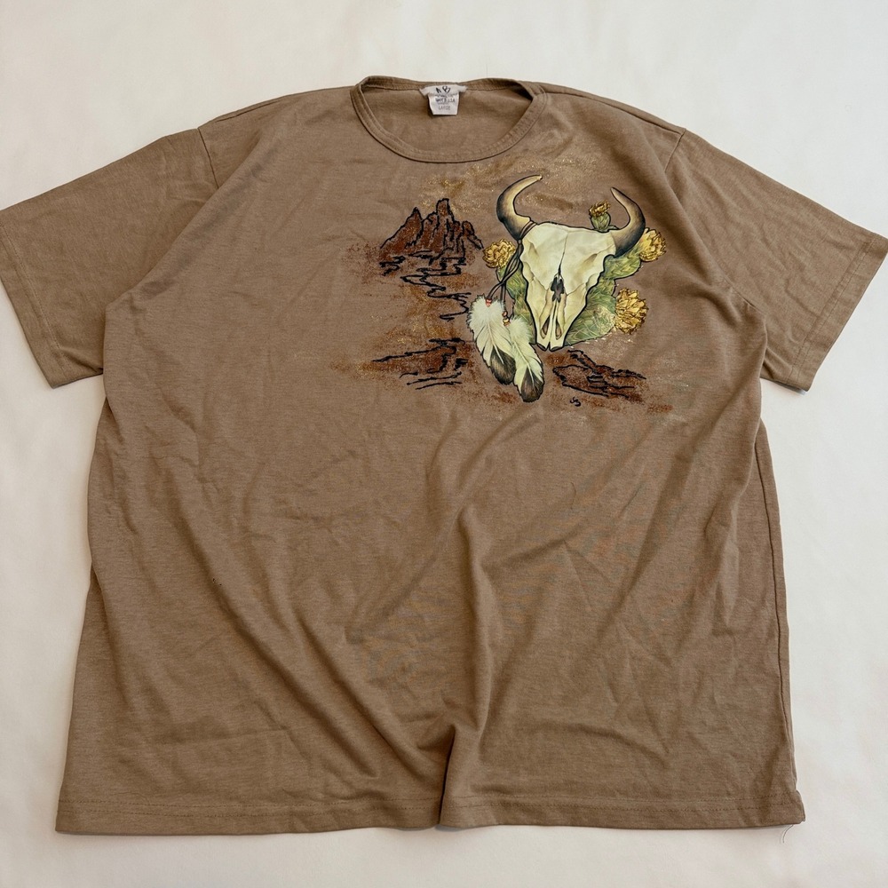 Vintage 90s Graphic Tee Women Large Tan Southwestern Cow Skull Cactus USA Made